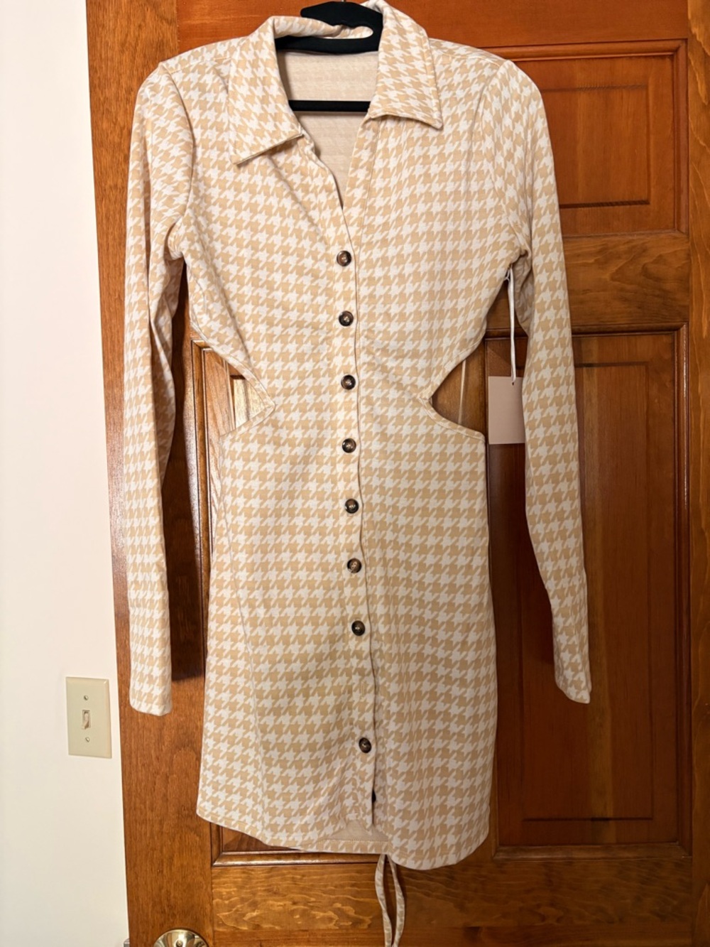Beige Houndstooth Long-Sleeve Button Front Cutout Dress